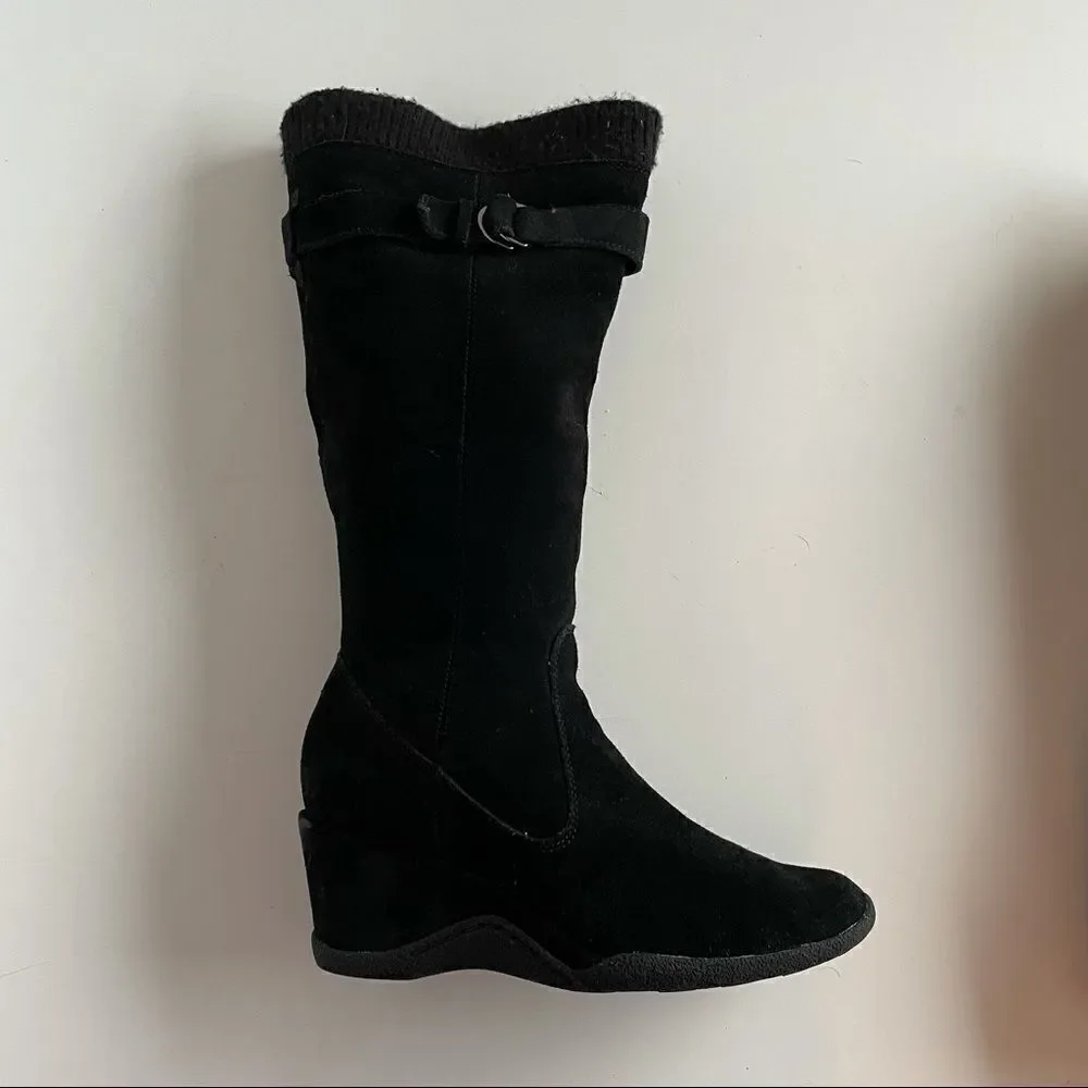 Black suede Sz 8 real leather wedge heel  heeled over the knee or knee boots